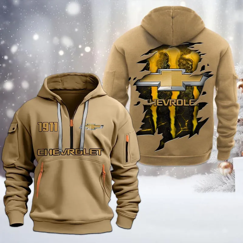 Chevrolet Half Zip Hoodie, All Over Print Half Zip Hoodies For Men CAR198032727 - Khaki