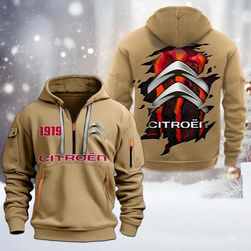 Citroen Half Zip Hoodie, All Over Print Half Zip Hoodies For Men CAR198032783 - Khaki