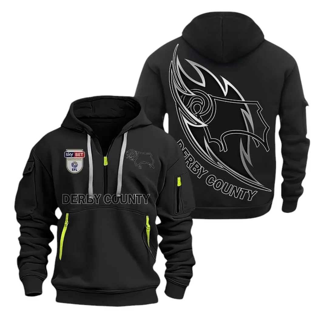 Derby County Hoodie Half Zip, All Over Print Hoodie For Derby County Fans EPL27042525153 - Black