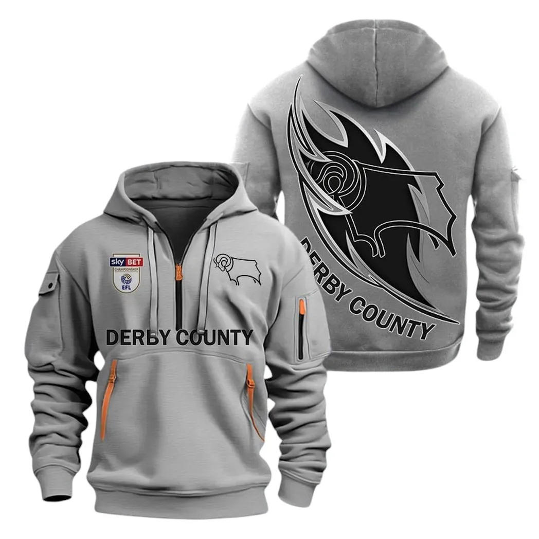 Derby County Hoodie Half Zip, All Over Print Hoodie For Derby County Fans EPL27042525153 - Gray