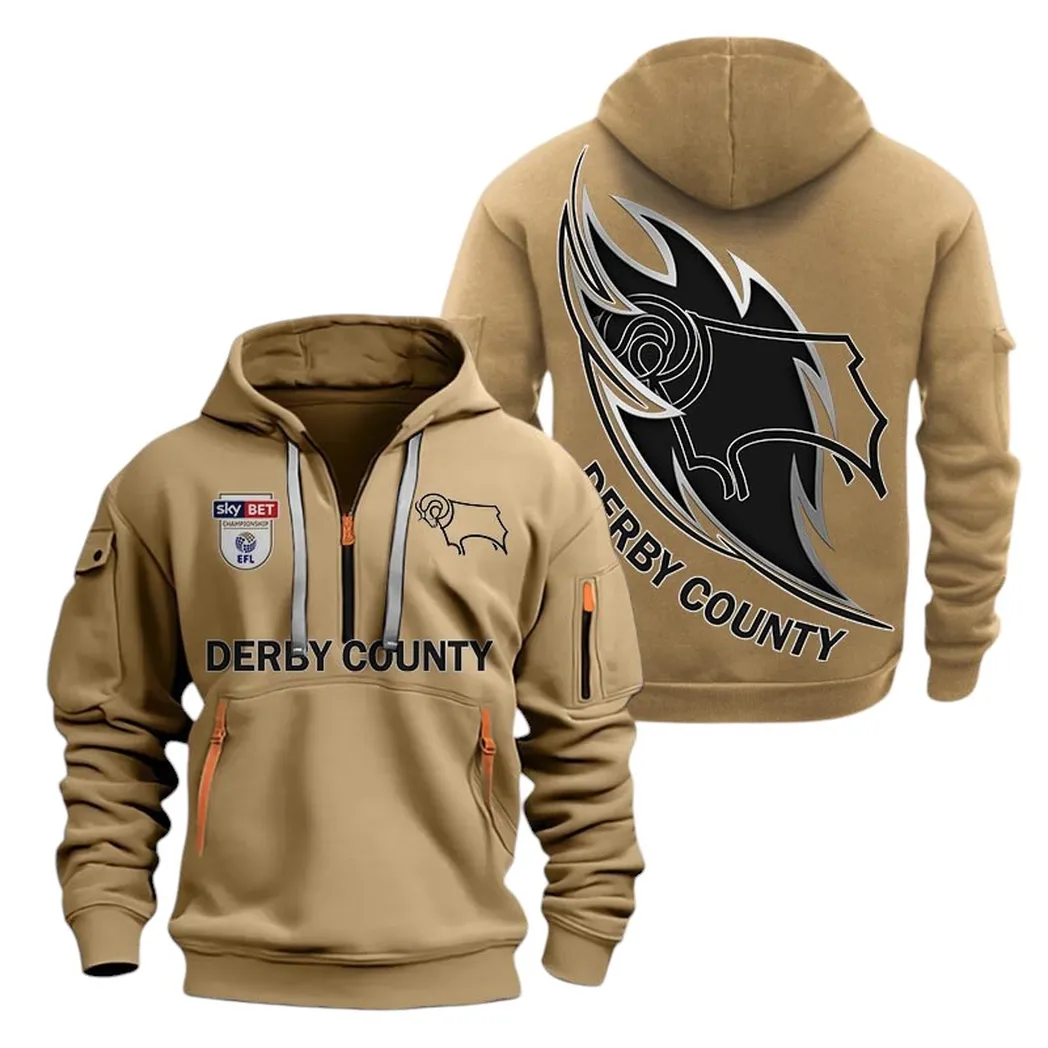 Derby County Hoodie Half Zip, All Over Print Hoodie For Derby County Fans EPL27042525153 - Khaki