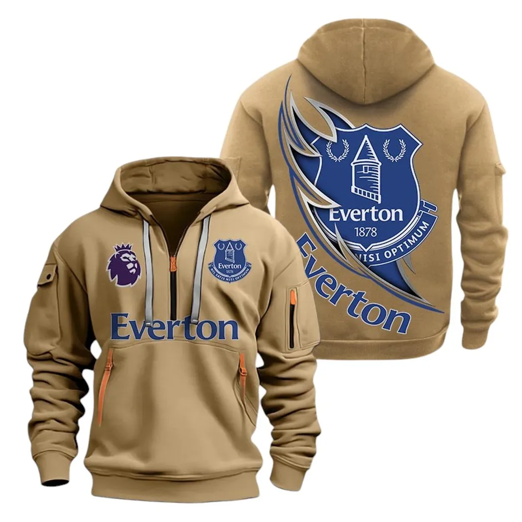 Everton Hoodie Half Zip, All Over Print Hoodie For Everton Fans EPL27042525128 - Khaki