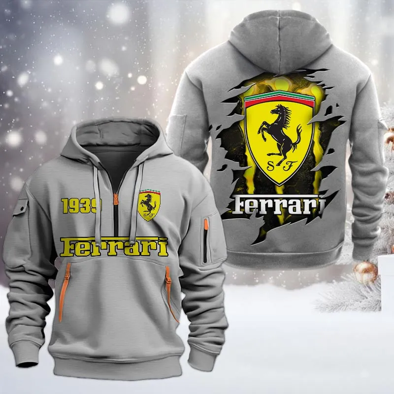 Ferrari Half Zip Hoodie, All Over Print Half Zip Hoodies For Men CAR198032740 - Gray