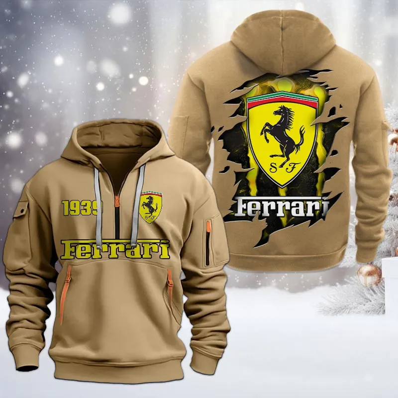 Ferrari Half Zip Hoodie, All Over Print Half Zip Hoodies For Men CAR198032740 - Khaki