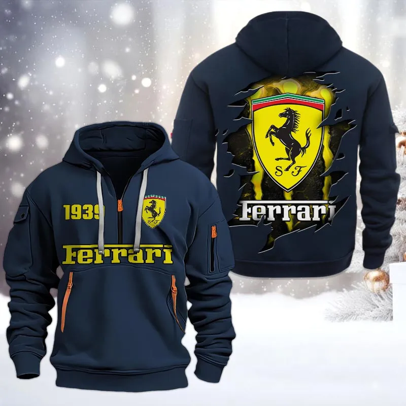 Ferrari Half Zip Hoodie, All Over Print Half Zip Hoodies For Men CAR198032740 - Navy