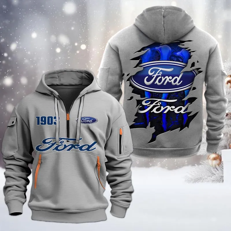Ford Half Zip Hoodie, All Over Print Half Zip Hoodies For Men CAR198032728 - Gray