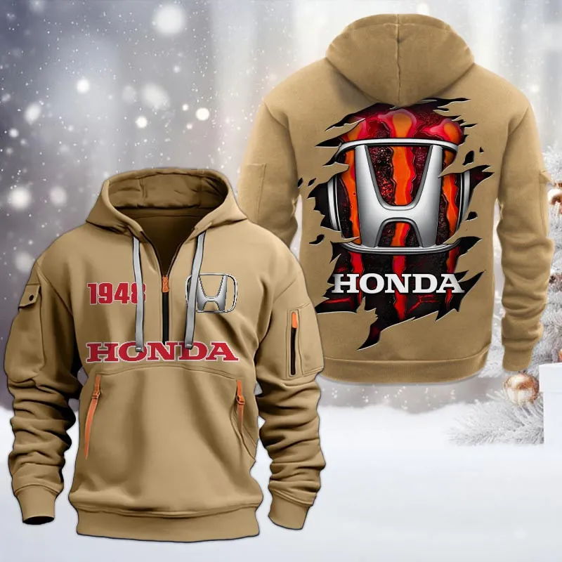 Honda Half Zip Hoodie, All Over Print Half Zip Hoodies For Men CAR198032731 - Khaki