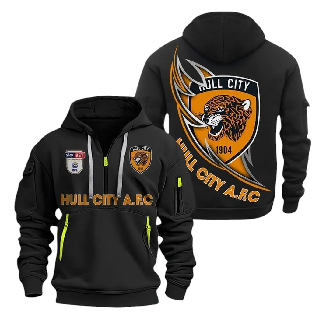 Hull City Hoodie Half Zip, All Over Print Hoodie For Hull City Fans EPL27042525140 - Black