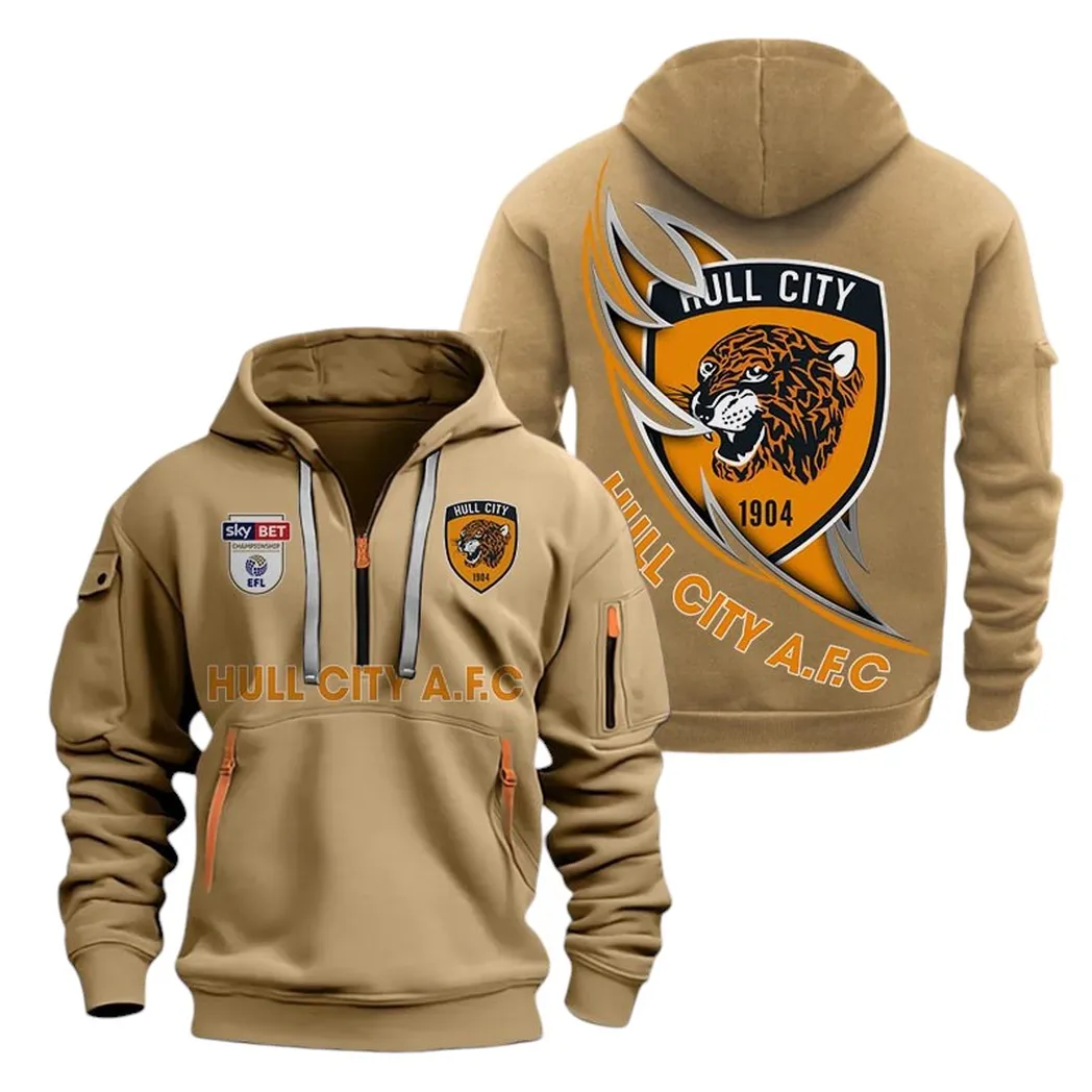 Hull City Hoodie Half Zip, All Over Print Hoodie For Hull City Fans EPL27042525140 - Khaki