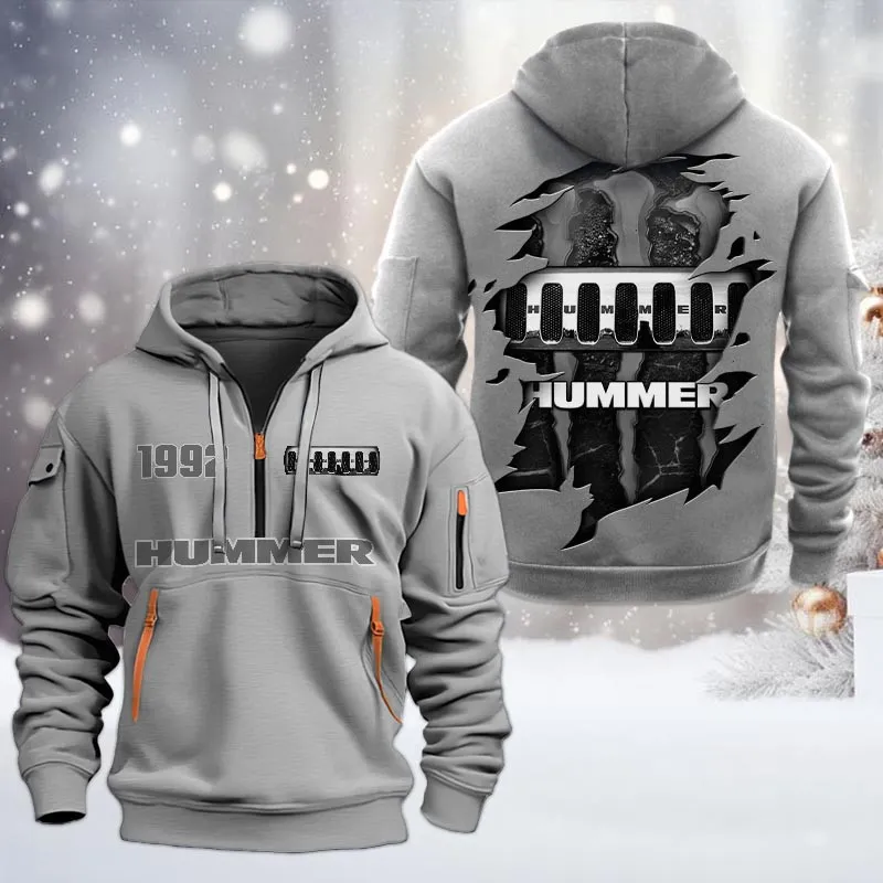 Hummer Half Zip Hoodie, All Over Print Half Zip Hoodies For Men CAR198032732 - Gray