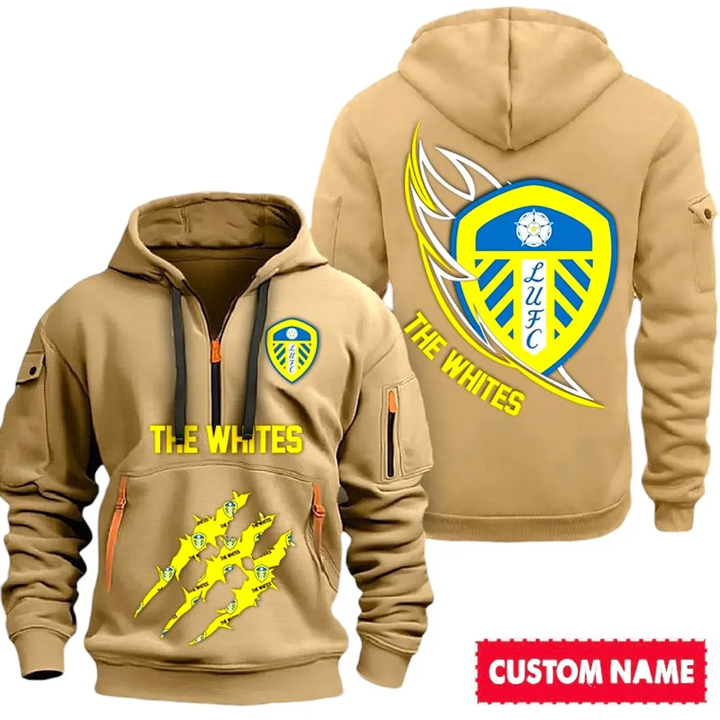Leeds United EPL Hoodie Half Zipp SPO0120010, Gift For Fan Leeds United - Khaki