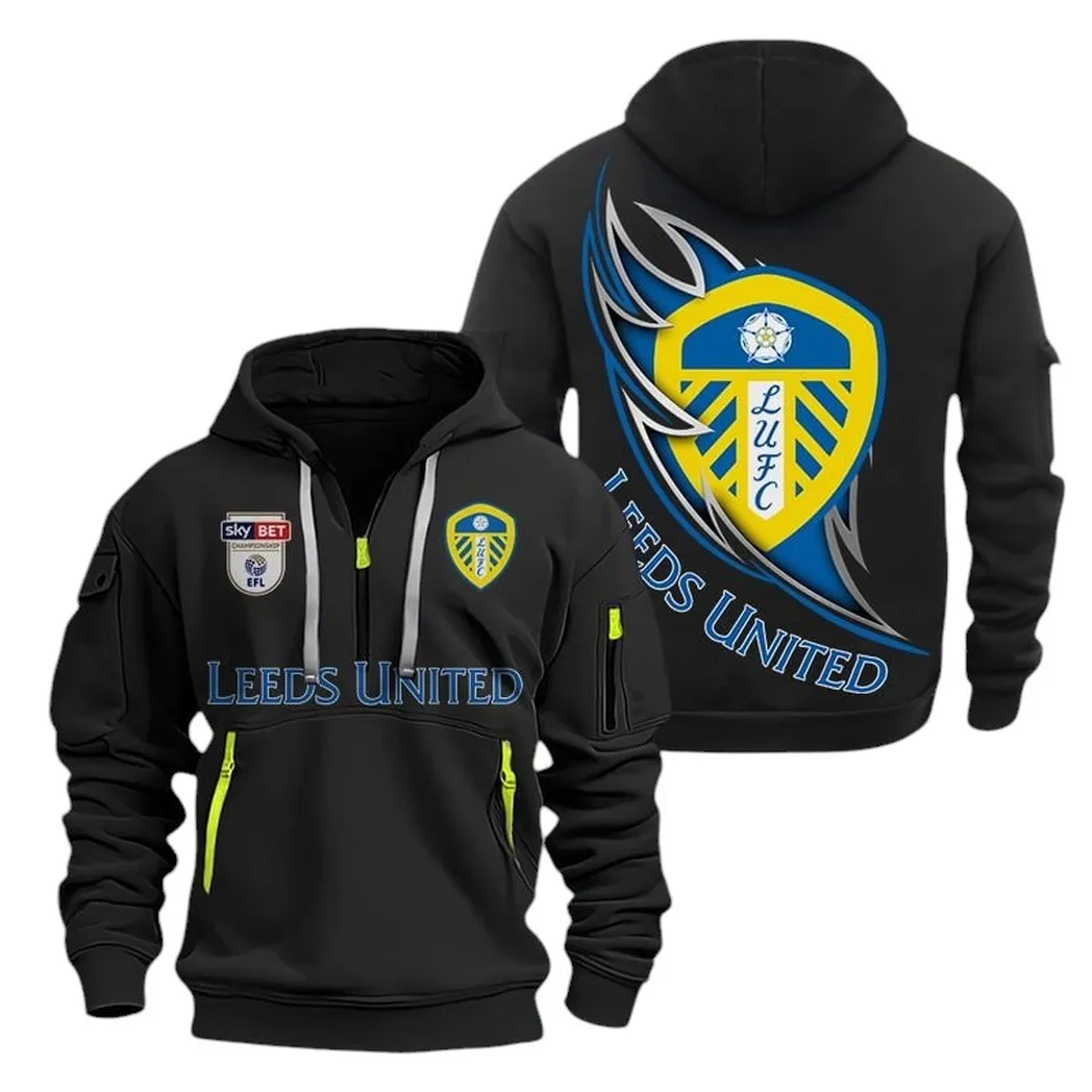 Leeds United Hoodie Half Zip, All Over Print Hoodie For Leeds United Fans EPL27042525114 - Black