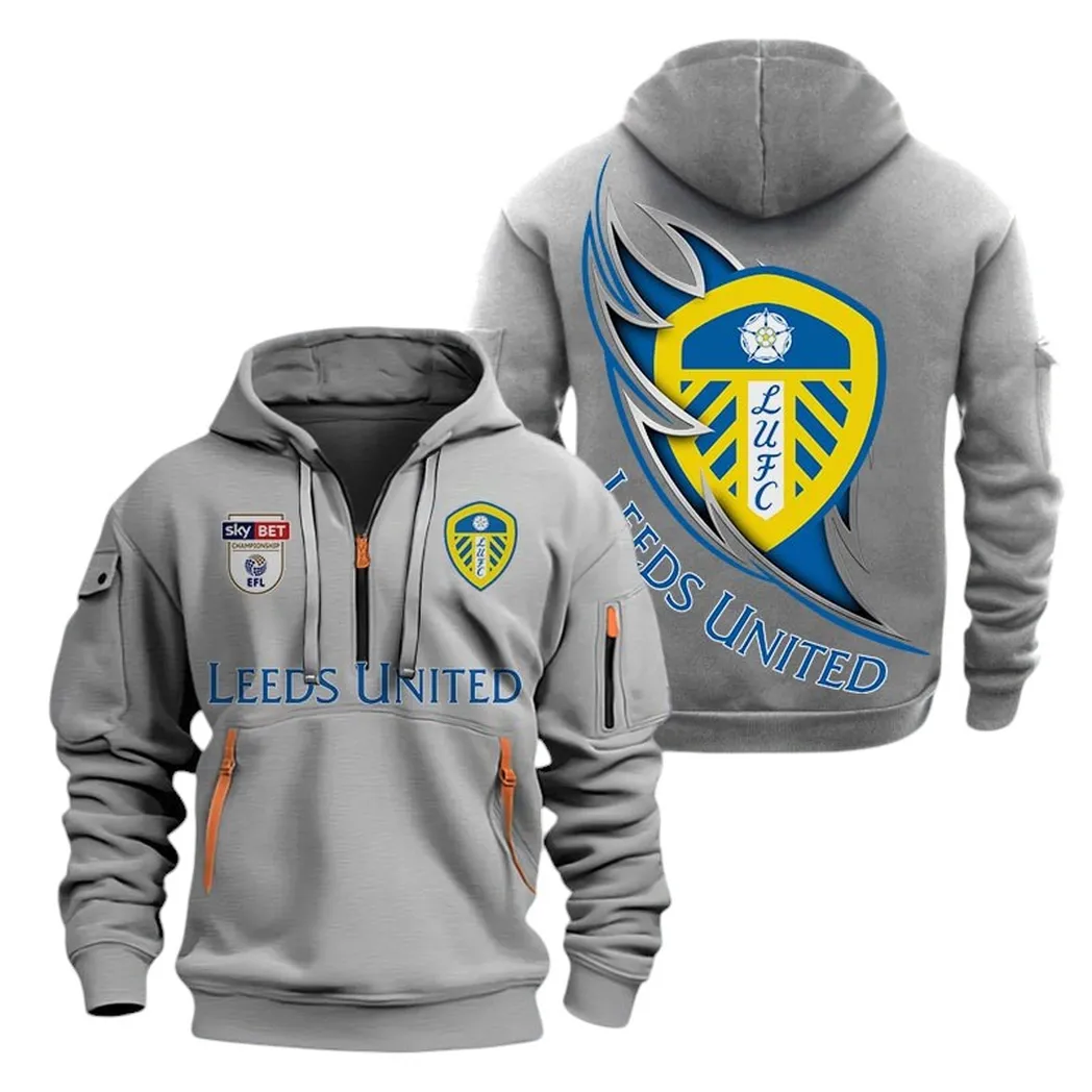 Leeds United Hoodie Half Zip, All Over Print Hoodie For Leeds United Fans EPL27042525114 - Gray