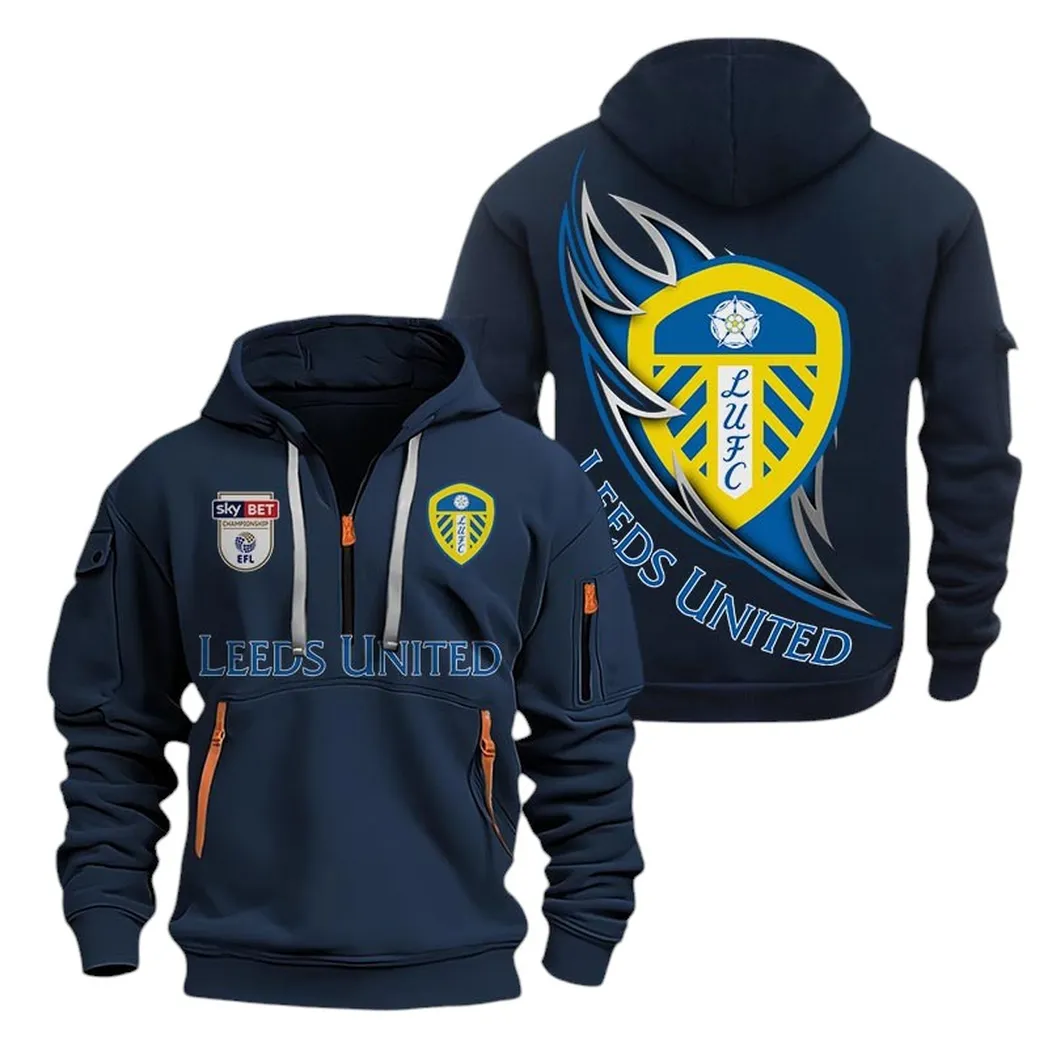 Leeds United Hoodie Half Zip, All Over Print Hoodie For Leeds United Fans EPL27042525114 - Navy