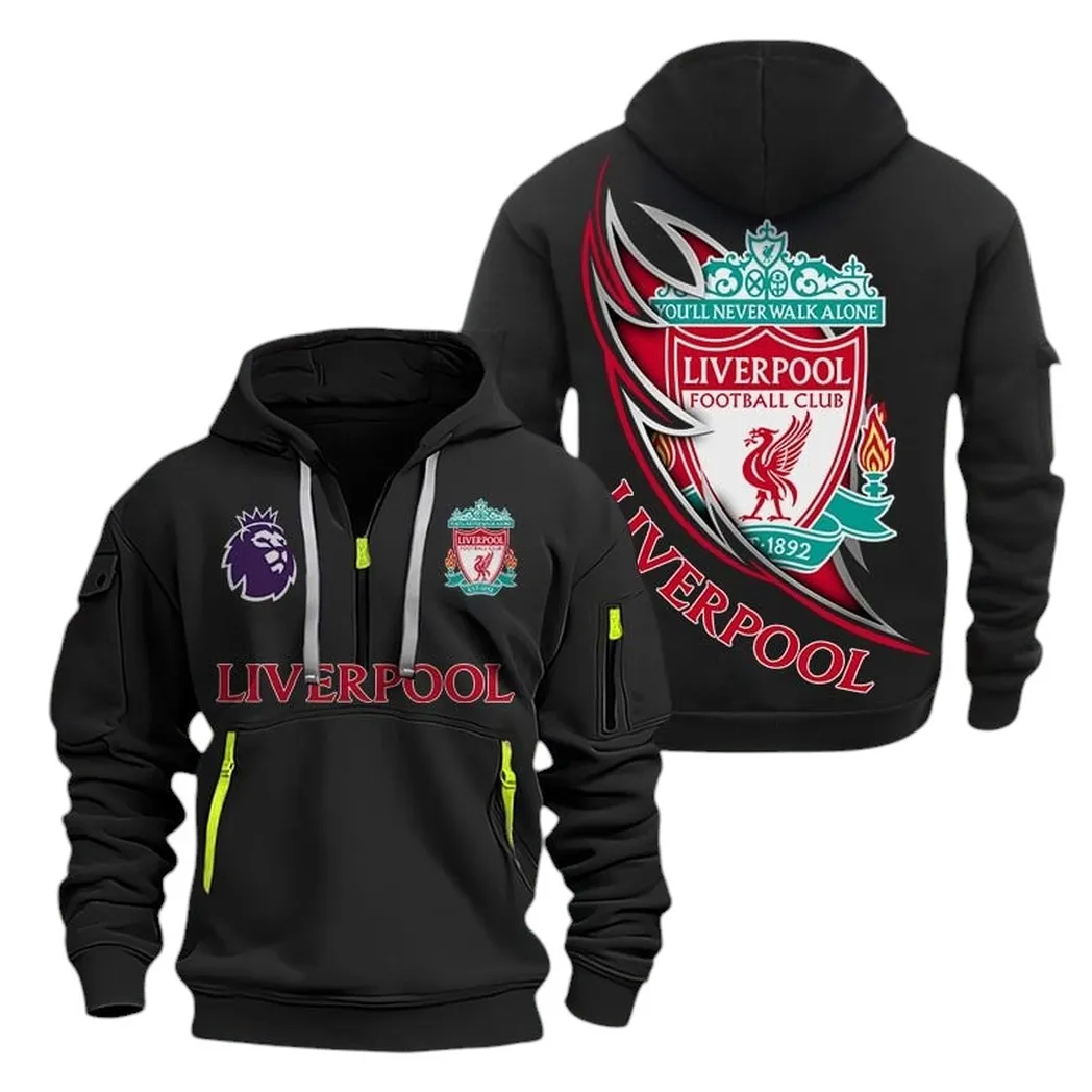 Liverpool Hoodie Half Zip, All Over Print Hoodie For Liverpool Fans EPL27042525111 - Black
