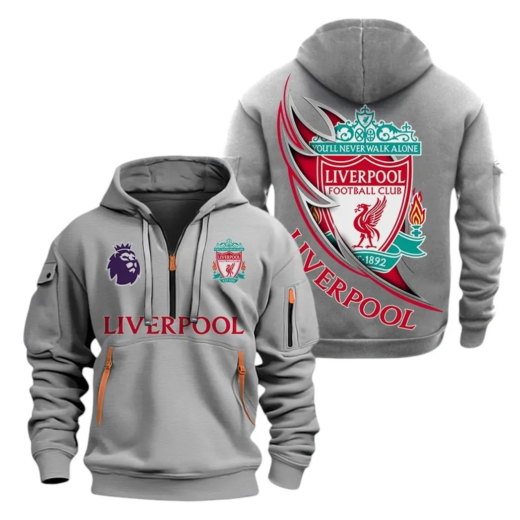 Liverpool Hoodie Half Zip, All Over Print Hoodie For Liverpool Fans EPL27042525111 - Gray