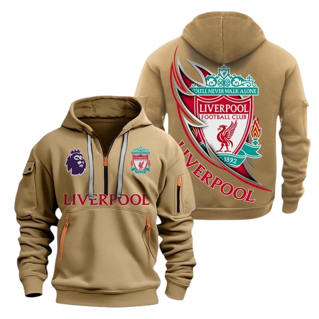 Liverpool Hoodie Half Zip, All Over Print Hoodie For Liverpool Fans EPL27042525111 - Khaki