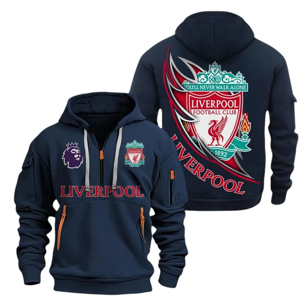 Liverpool Hoodie Half Zip, All Over Print Hoodie For Liverpool Fans EPL27042525111 - Navy