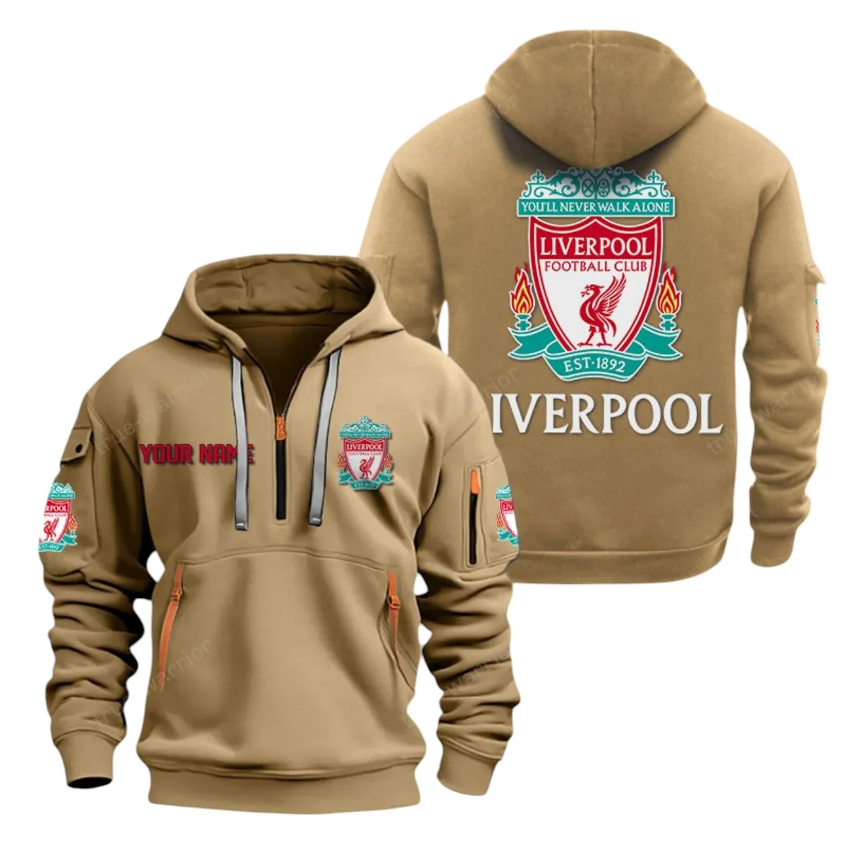 Liverpool Hoodie Half Zip, All Over Print Hoodie For Liverpool Fans EPL28042525898 - Khaki
