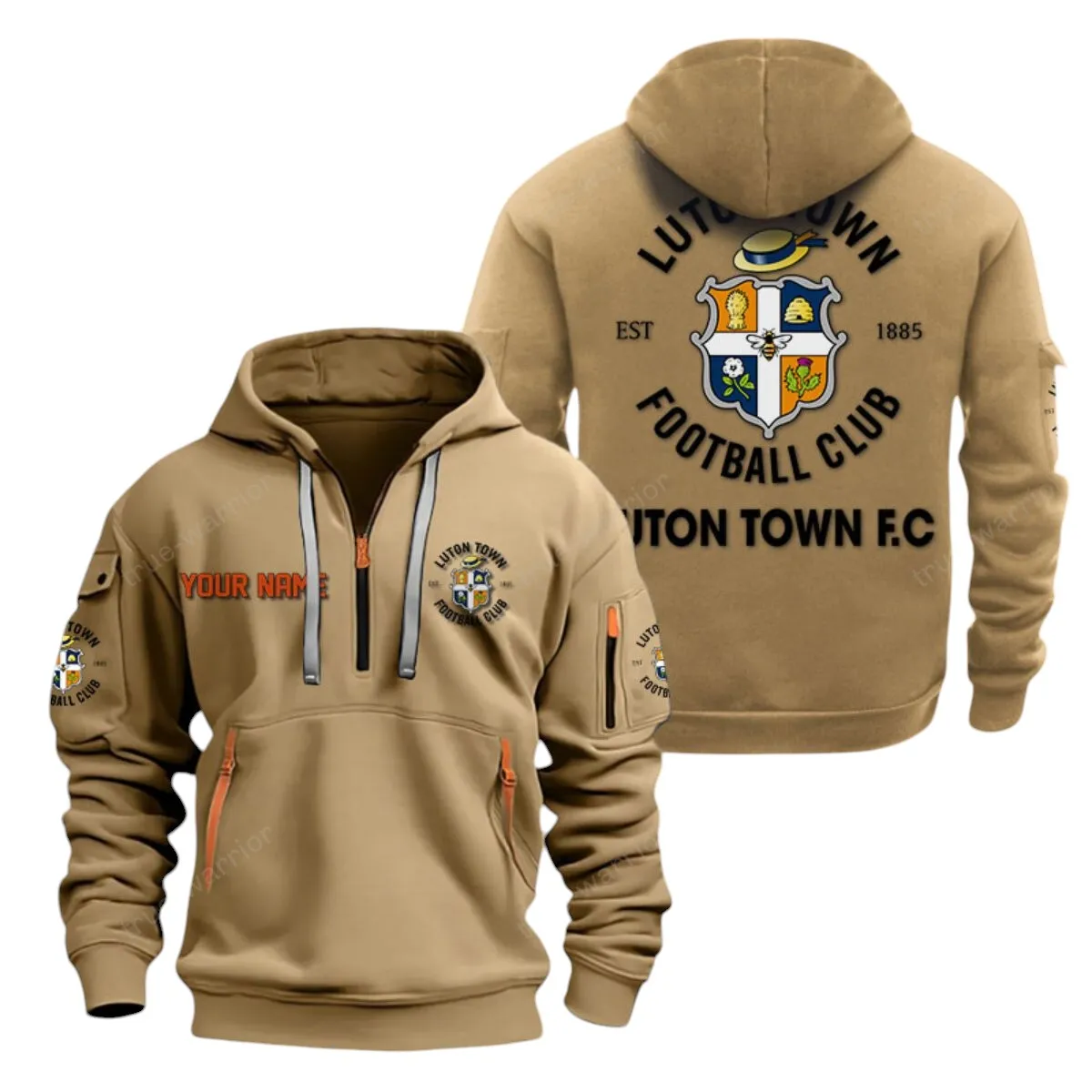 Luton Town Hoodie Half Zip, All Over Print Hoodie For Luton Town Fans EPL28042525894 - Khaki