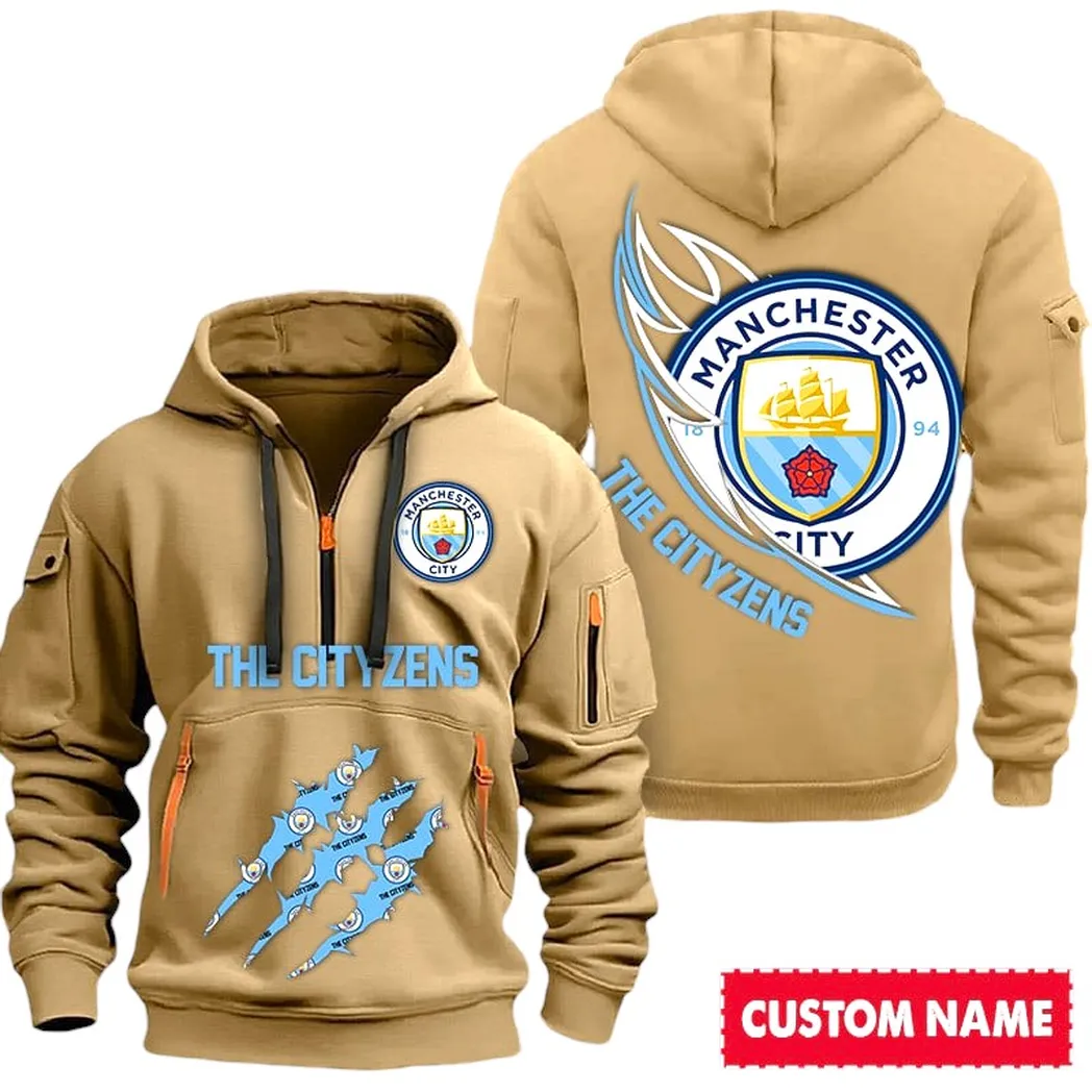 Manchester City EPL Hoodie Half Zipp SPO0120013, Gift For Fan Manchester City - Khaki