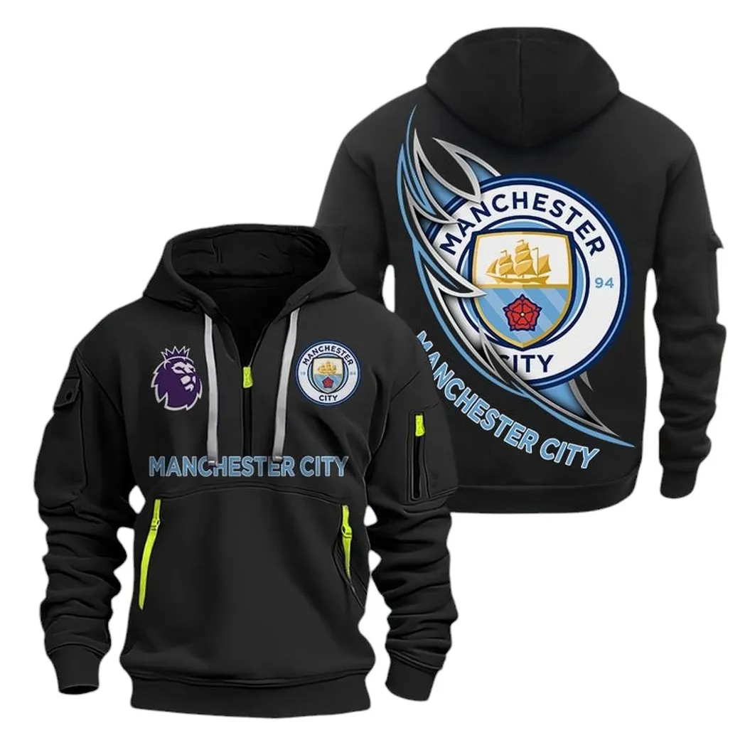 Manchester City Hoodie Half Zip, All Over Print Hoodie For Manchester City Fans EPL27042525119 - Black