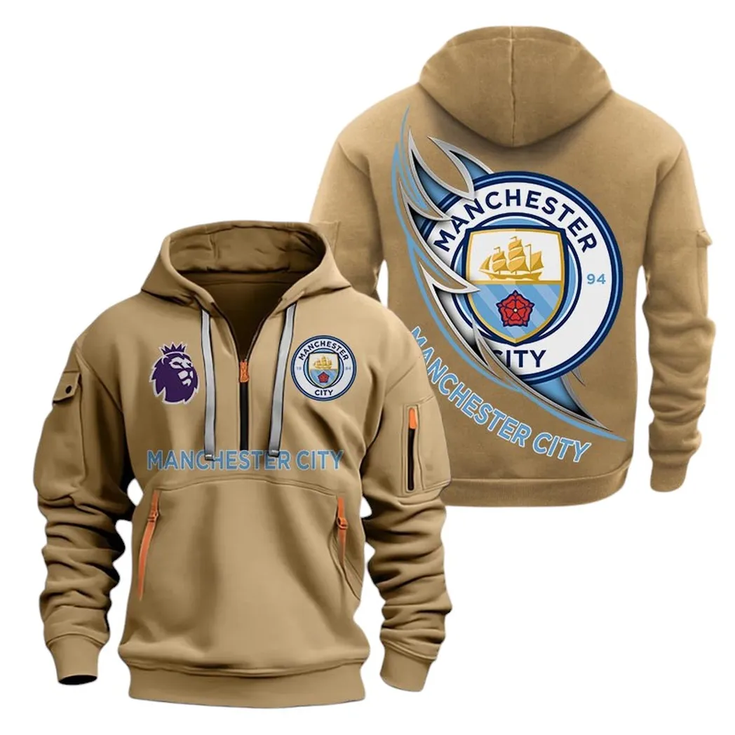 Manchester City Hoodie Half Zip, All Over Print Hoodie For Manchester City Fans EPL27042525119 - Khaki
