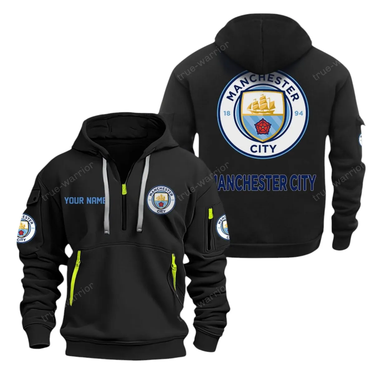 Manchester City Hoodie Half Zip, All Over Print Hoodie For Manchester City Fans EPL28042525892 - Black