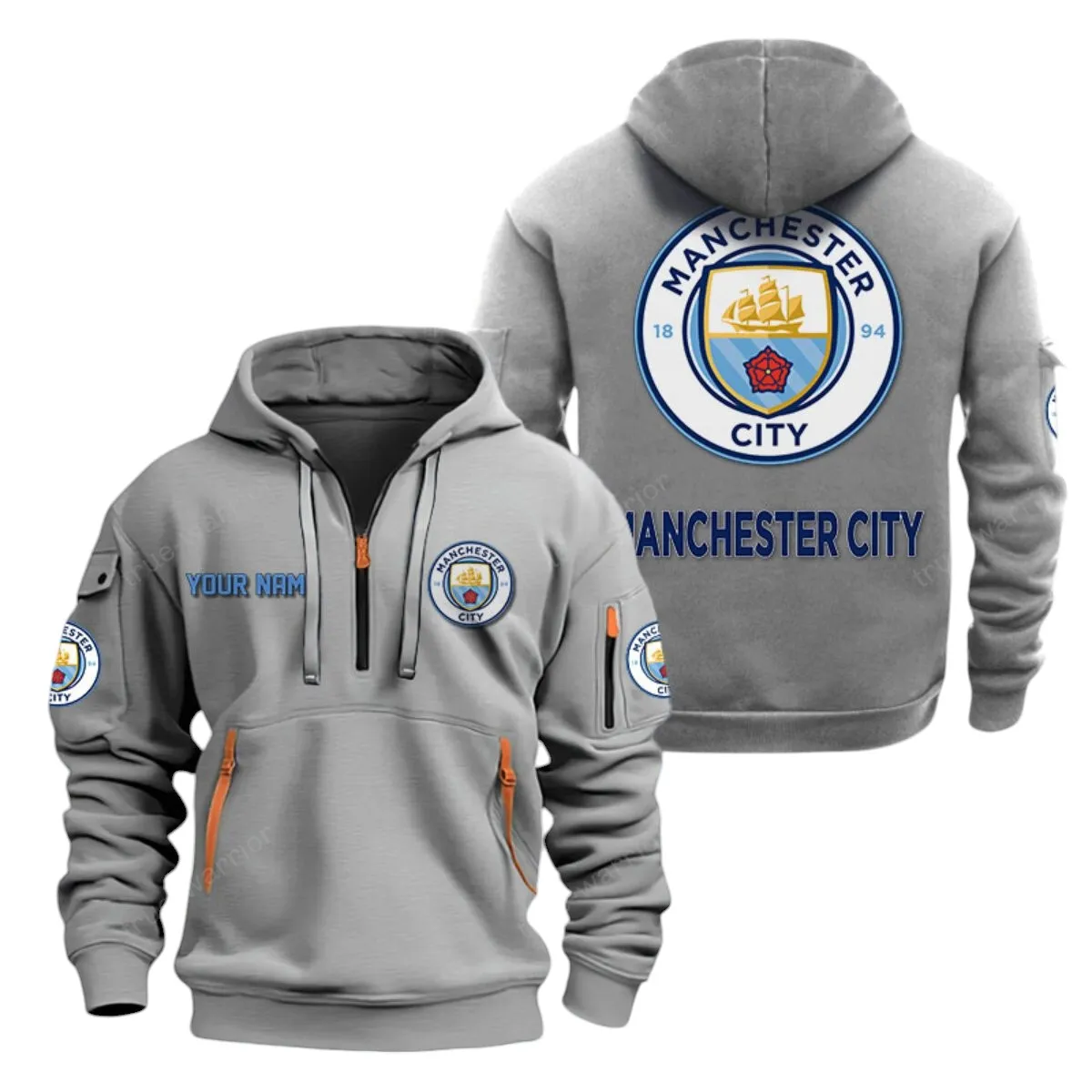 Manchester City Hoodie Half Zip, All Over Print Hoodie For Manchester City Fans EPL28042525892 - Gray