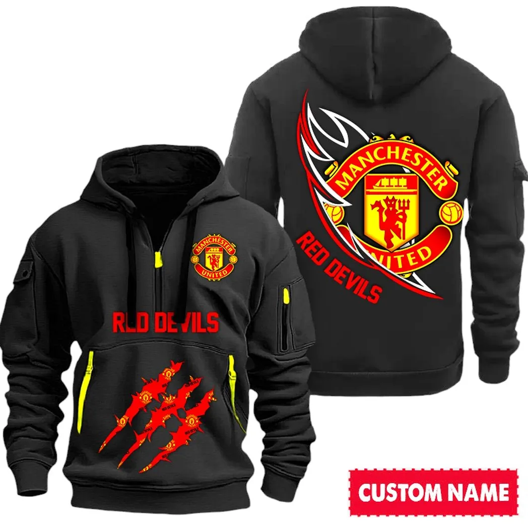Manchester United EPL Hoodie Half Zipp SPO0120014, Gift For Fan Manchester United - Black