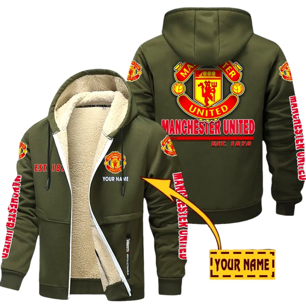 Manchester United EPL Lamb Fleece Thick Coat SPO0520002, Gift For Fan Manchester United - Army Green