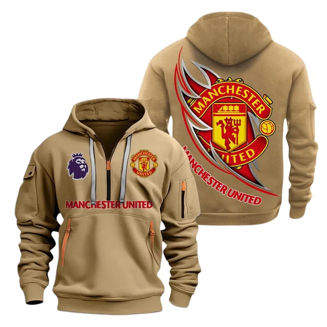 Manchester United Hoodie Half Zip, All Over Print Hoodie For Manchester United Fans EPL27042525113 - Khaki