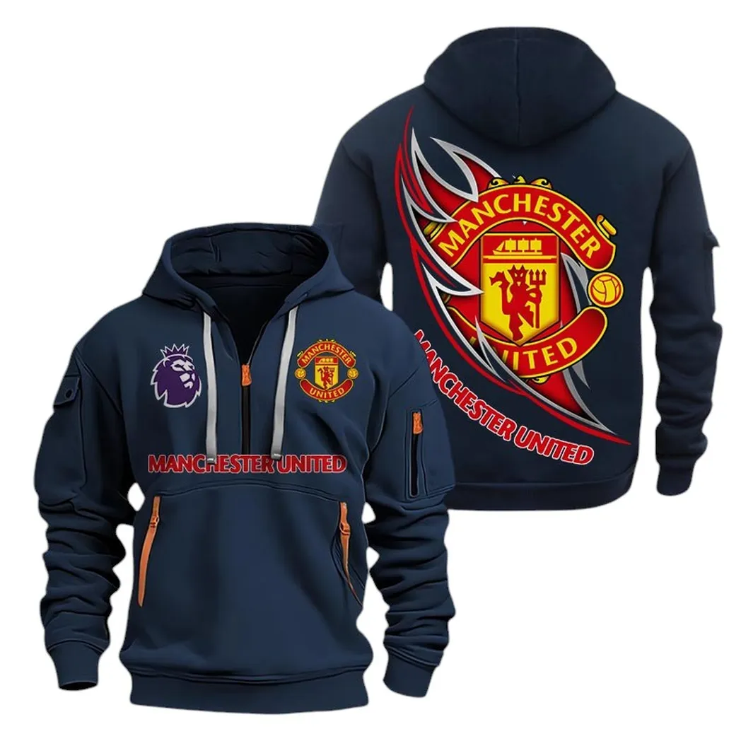 Manchester United Hoodie Half Zip, All Over Print Hoodie For Manchester United Fans EPL27042525113 - Navy