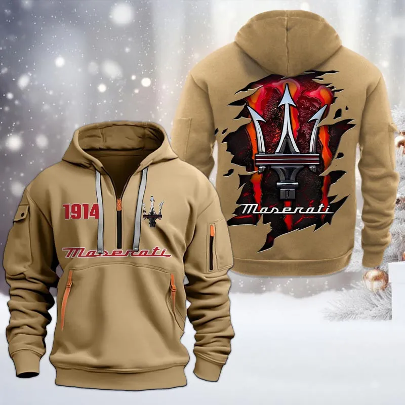 Maserati Half Zip Hoodie, All Over Print Half Zip Hoodies For Men CAR198032791 - Khaki