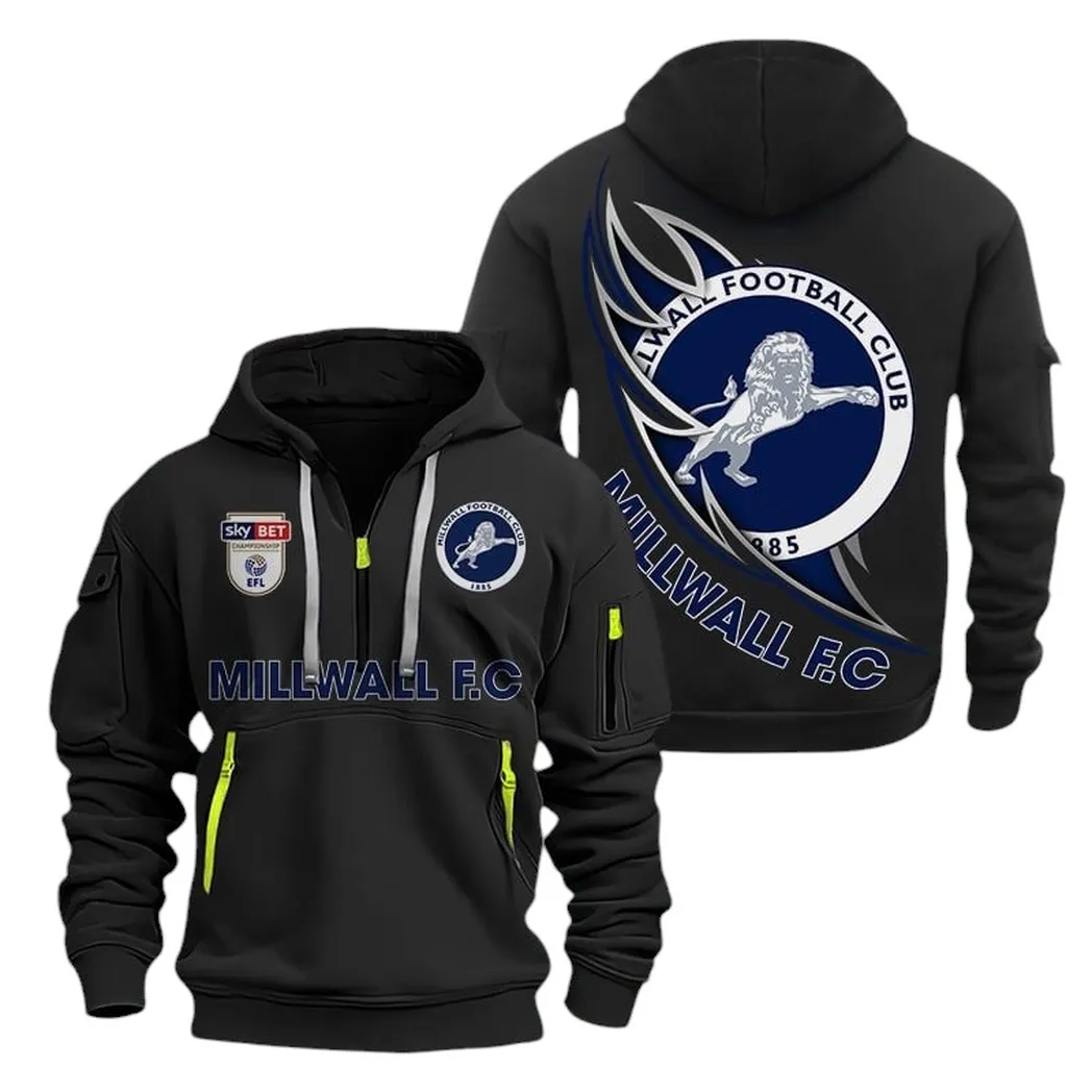 Millwall Hoodie Half Zip, All Over Print Hoodie For Millwall Fans EPL27042525134 - Black