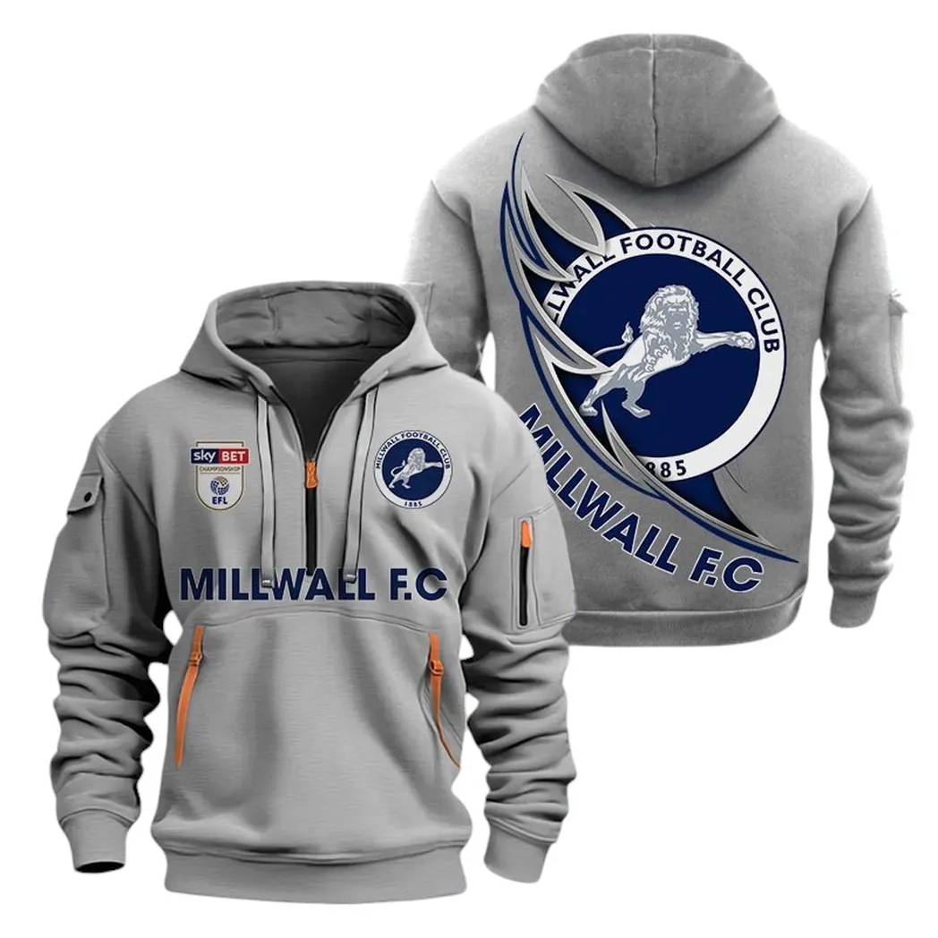 Millwall Hoodie Half Zip, All Over Print Hoodie For Millwall Fans EPL27042525134 - Gray