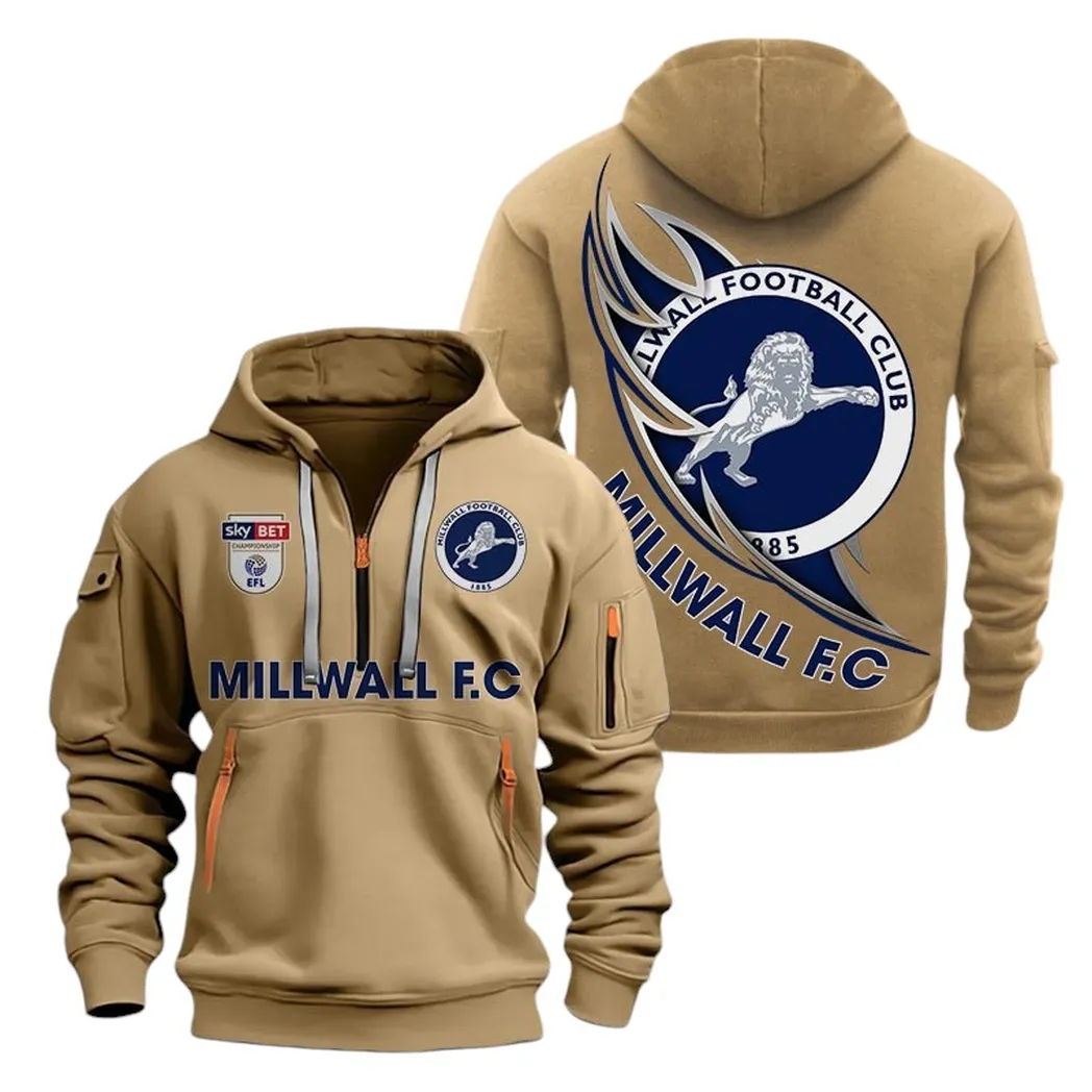 Millwall Hoodie Half Zip, All Over Print Hoodie For Millwall Fans EPL27042525134 - Khaki
