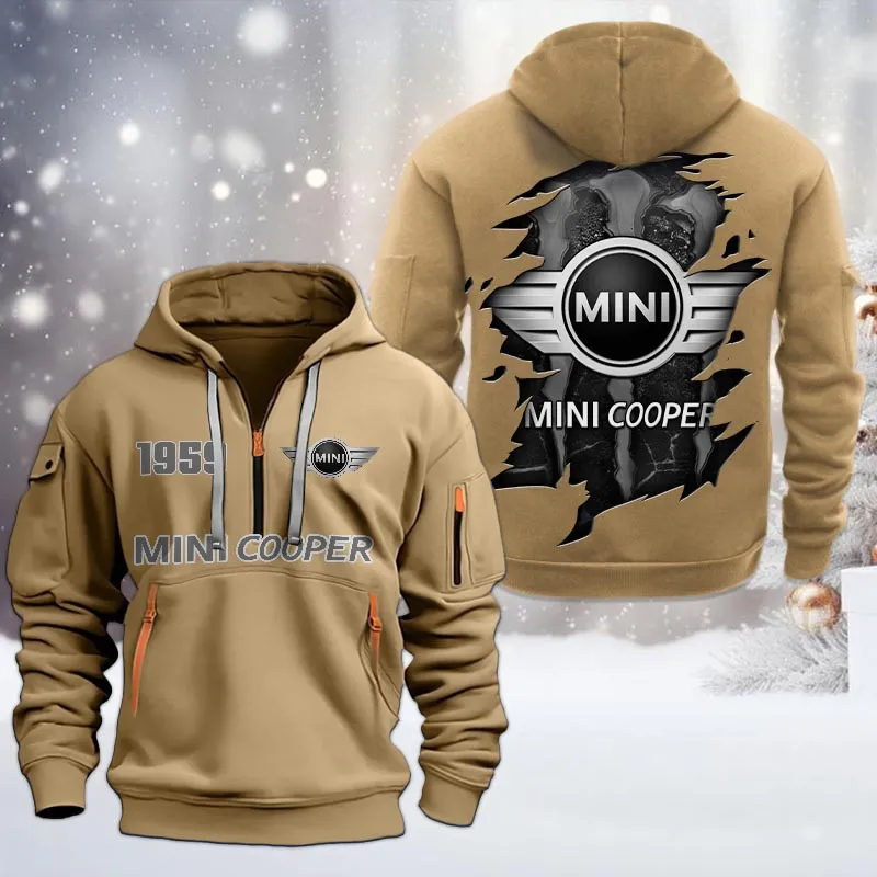 Mini cooper Half Zip Hoodie, All Over Print Half Zip Hoodies For Men CAR198032793 - Khaki