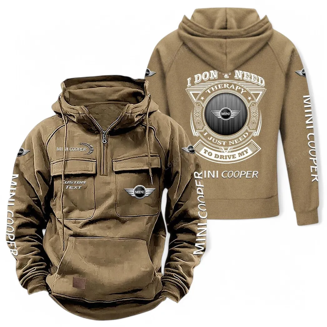 Mini Cooper Tactical Quarter Zip Hoodie CAR106021525046, Gifts For Men, Him, Husband, Boyfriend - Khaki