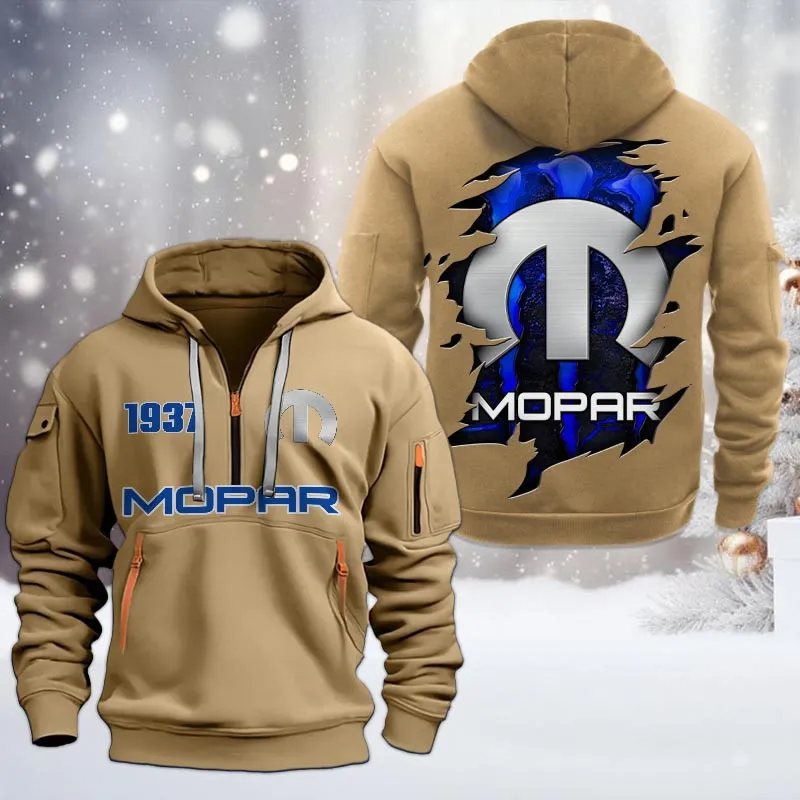 Mopar Half Zip Hoodie, All Over Print Half Zip Hoodies For Men CAR198032757 - Khaki