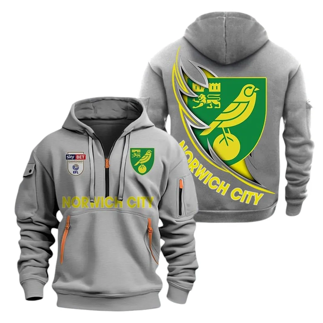 Norwich City Hoodie Half Zip, All Over Print Hoodie For Norwich City Fans EPL27042525142 - Gray
