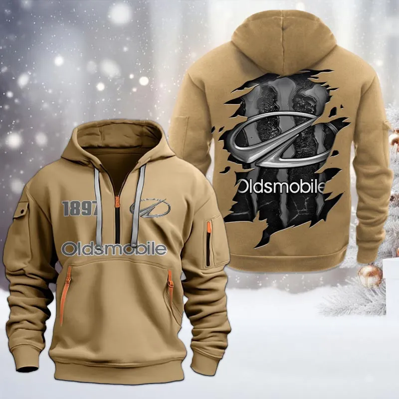 Oldsmobile Half Zip Hoodie, All Over Print Half Zip Hoodies For Men CAR198032754 - Khaki