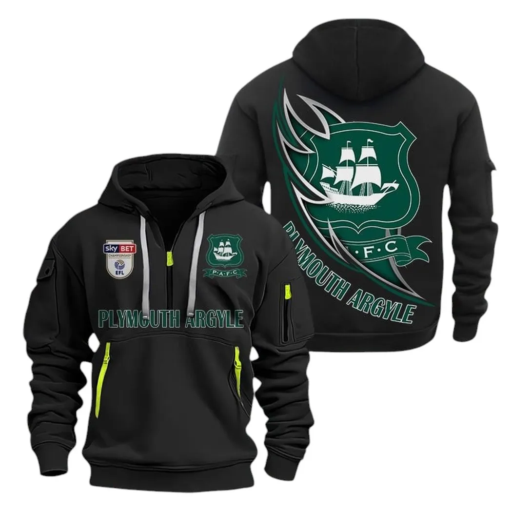 Plymouth Argyle Hoodie Half Zip, All Over Print Hoodie For Plymouth Argyle Fans EPL27042525129 - Black