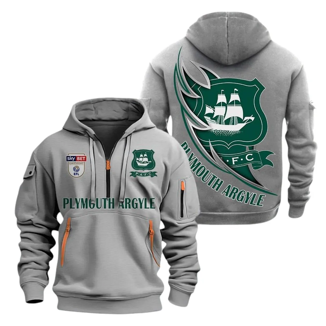 Plymouth Argyle Hoodie Half Zip, All Over Print Hoodie For Plymouth Argyle Fans EPL27042525129 - Gray