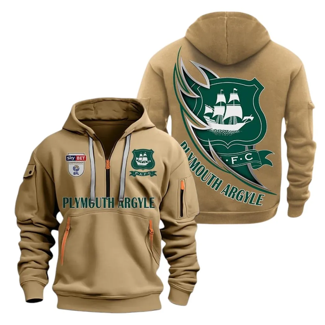 Plymouth Argyle Hoodie Half Zip, All Over Print Hoodie For Plymouth Argyle Fans EPL27042525129 - Khaki