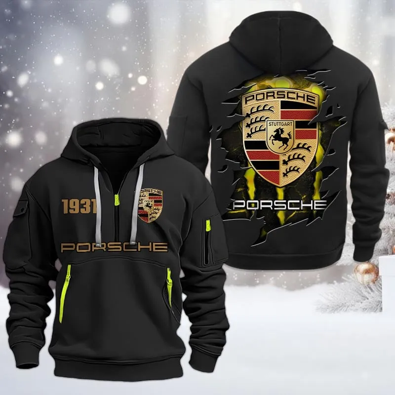 Porsche Half Zip Hoodie, All Over Print Half Zip Hoodies For Men CAR198032770 - Black