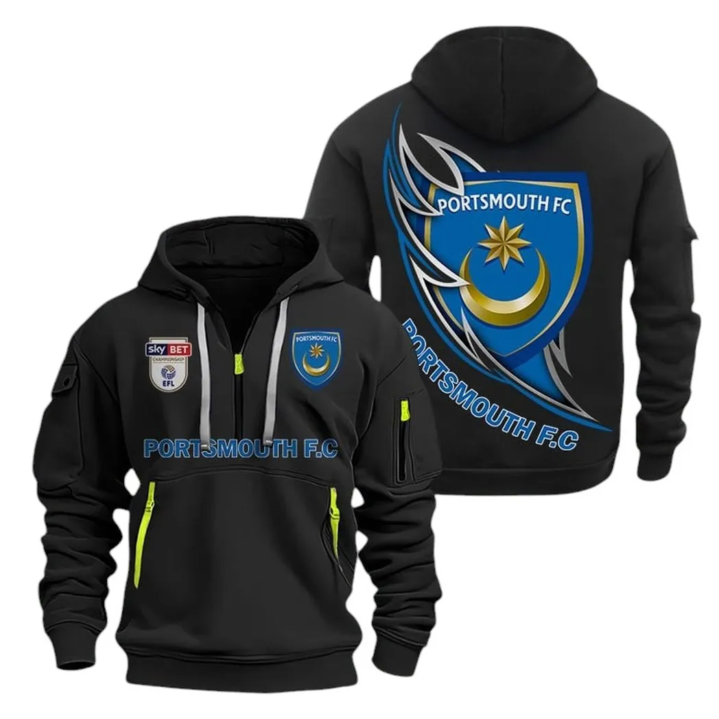Portsmouth Hoodie Half Zip, All Over Print Hoodie For Portsmouth Fans EPL27042525136 - Black