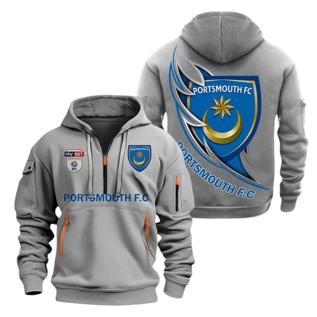Portsmouth Hoodie Half Zip, All Over Print Hoodie For Portsmouth Fans EPL27042525136 - Gray