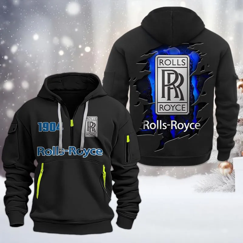Rolls Royce Half Zip Hoodie, All Over Print Half Zip Hoodies For Men CAR198032786 - Black