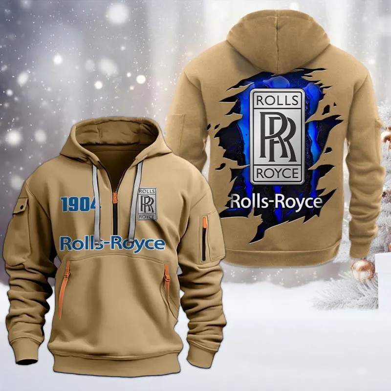 Rolls Royce Half Zip Hoodie, All Over Print Half Zip Hoodies For Men CAR198032786 - Khaki